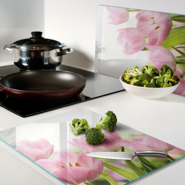 Snijplanken glas Roze tulpen in de tuin