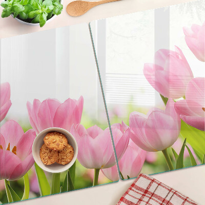 Snijplanken glas Roze tulpen in de tuin