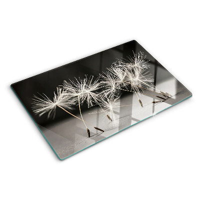 Snijplanken van glas Pluizige paardenbloemen op een monochrome achtergrond.