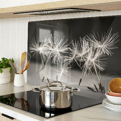 Snijplanken van glas Pluizige paardenbloemen op een monochrome achtergrond.