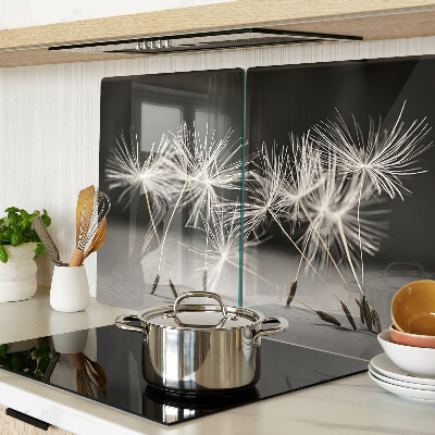 Snijplanken van glas Pluizige paardenbloemen op een monochrome achtergrond.