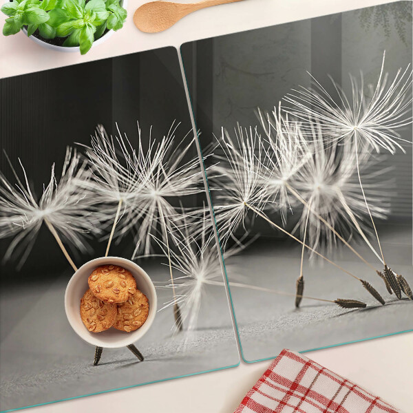 Snijplanken van glas Pluizige paardenbloemen op een monochrome achtergrond.