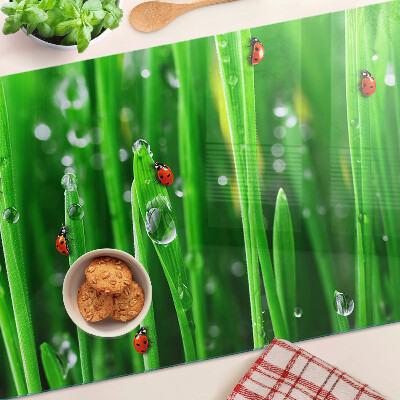 Glazen snijplanken Waterdruppels op gras met lieveheersbeestjes