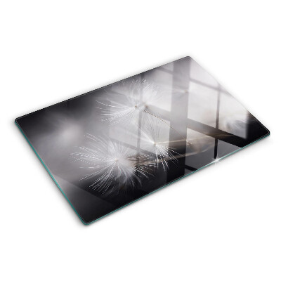 Glazen snijplanken Pluizige paardenbloemen tegen de achtergrond van het raam.