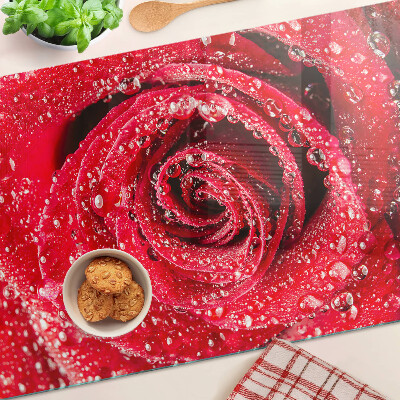 Glazen snijplanken Rode roos met waterdruppels