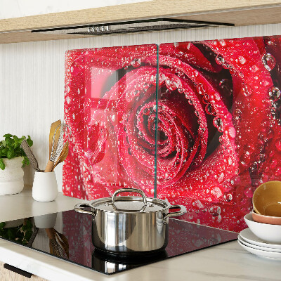 Glazen snijplanken Rode roos met waterdruppels