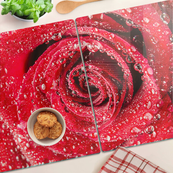 Glazen snijplanken Rode roos met waterdruppels