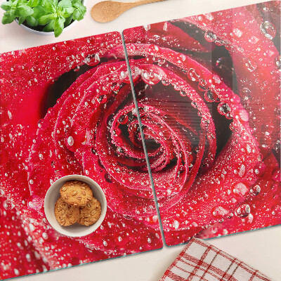 Glazen snijplanken Rode roos met waterdruppels