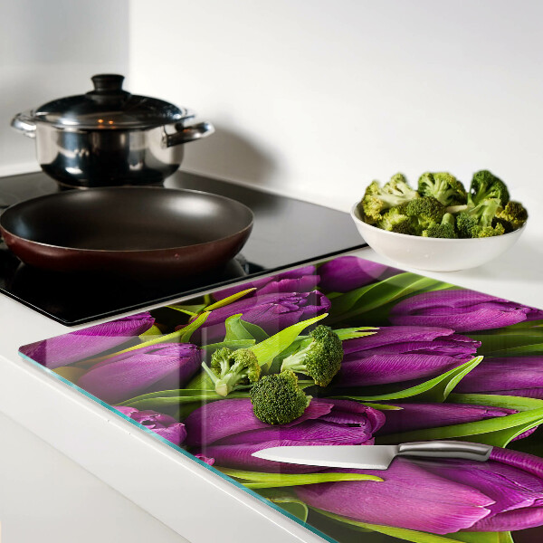 Snijplanken glas Paarse tulpen met groene bladeren