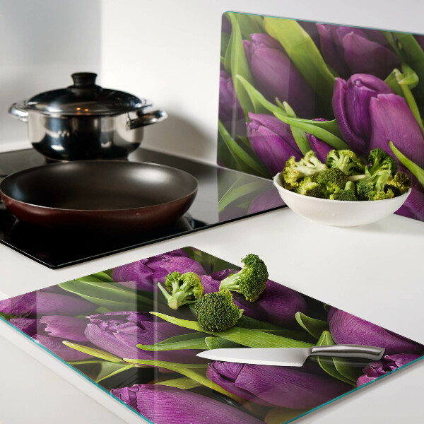 Snijplanken glas Paarse tulpen met groene bladeren