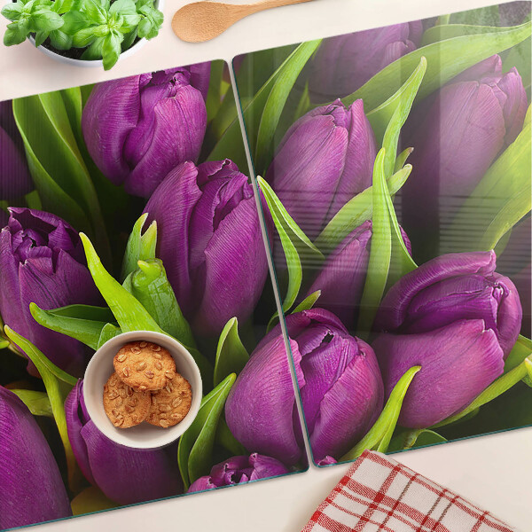 Snijplanken glas Paarse tulpen met groene bladeren