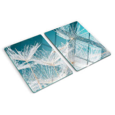 Snijplanken van glas Paardenbloemen op een blauwe achtergrond