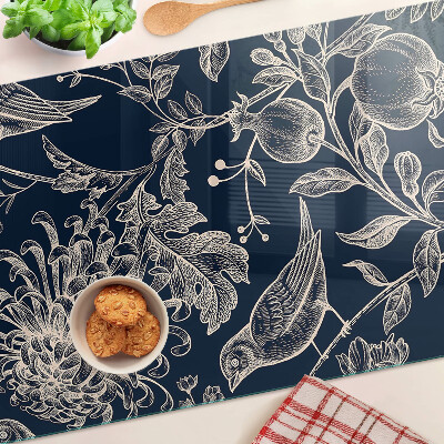 Snijplanken glas Bloemen en vogels op een donkere achtergrond