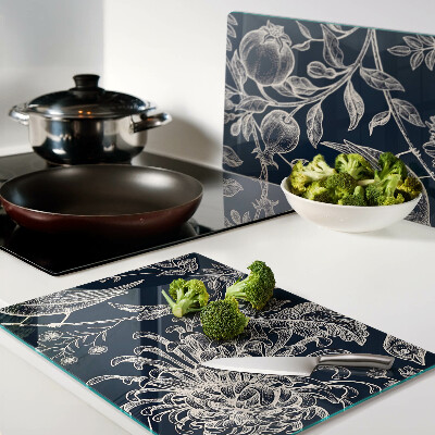 Snijplanken glas Bloemen en vogels op een donkere achtergrond