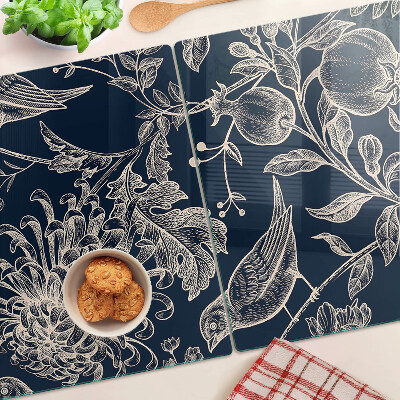 Snijplanken glas Bloemen en vogels op een donkere achtergrond