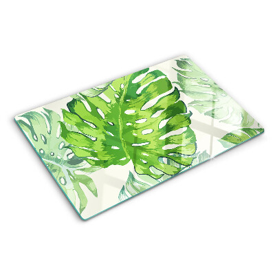 Snijplanken glas Monstera-bladeren op een lichte achtergrond