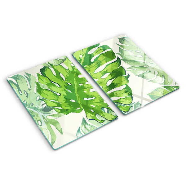 Snijplanken glas Monstera-bladeren op een lichte achtergrond