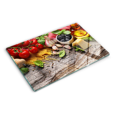 Glazen snijplanken Italiaanse gerechten met pasta en groenten