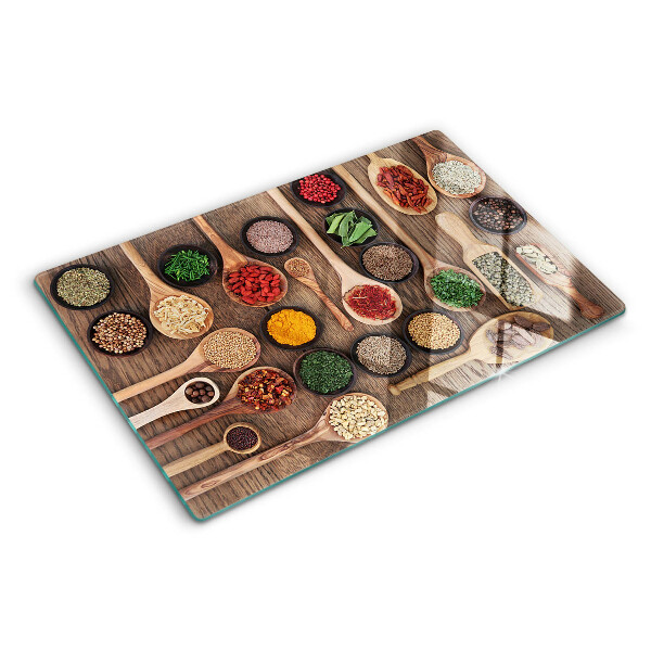 Snijplanken van glas Specerijen en specerijen in lepels