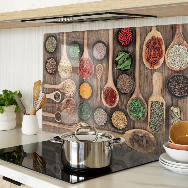 Snijplanken van glas Specerijen en specerijen in lepels