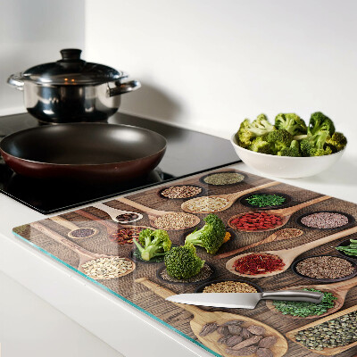 Snijplanken van glas Specerijen en specerijen in lepels