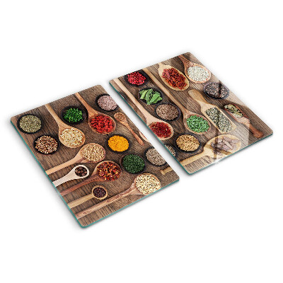Snijplanken van glas Specerijen en specerijen in lepels