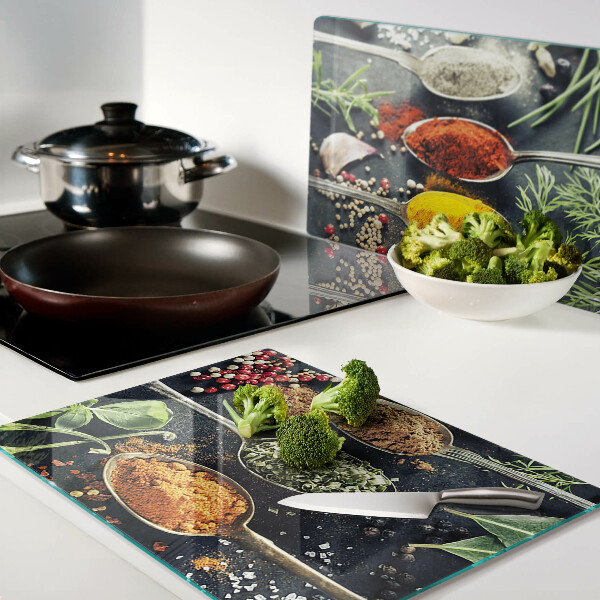 Snijplanken van glas Specerijen in lepels