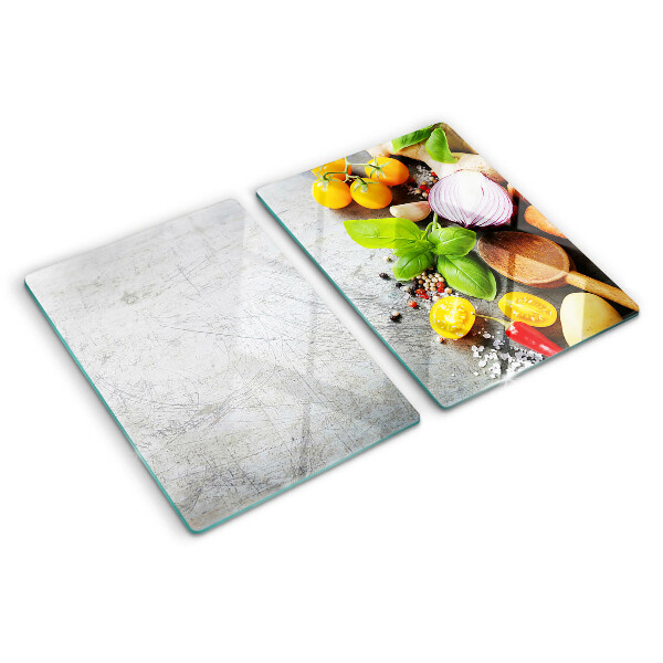 Snijplanken glas Keukeningrediënten en kruiden