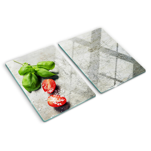 Glazen snijplanken Tomaten met basilicum en zout