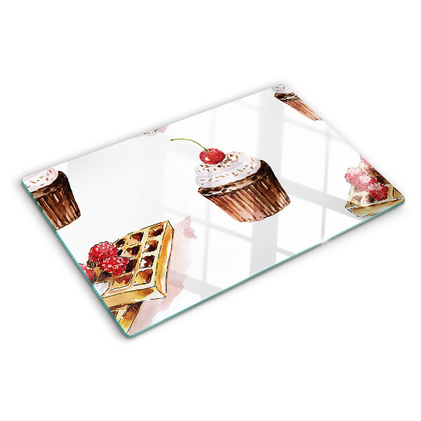 Snijplanken glas Wafels en cupcakes met kersen
