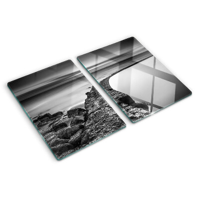 Glazen snijplanken Een kustlandschap in grijstinten