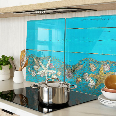 Snijplanken glas Schelpen en zeesterren in een net