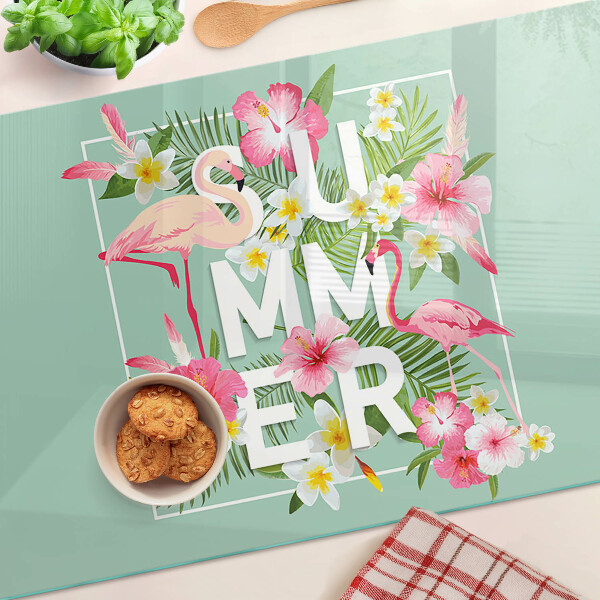 Snijplanken glas Zomerbloemen en flamingo's