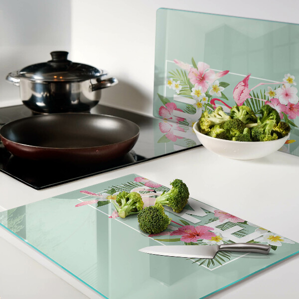 Snijplanken glas Zomerbloemen en flamingo's