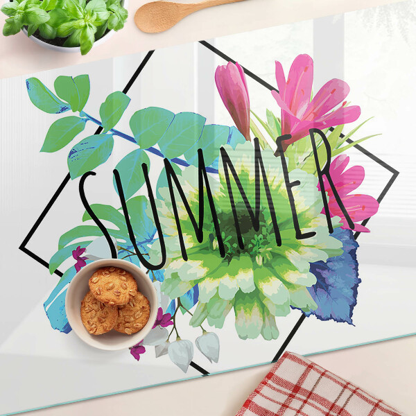 Glazen snijplanken Zomerbloemen met het woord 