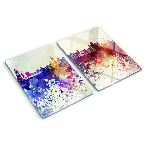 Snijplanken van glas Panorama van de stad met kleurrijke accenten