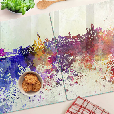 Snijplanken van glas Panorama van de stad met kleurrijke accenten