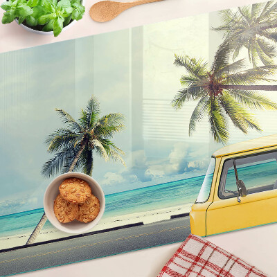 Snijplanken van glas Strand met palmbomen en een auto