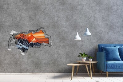 Wandsticker 3D doorkijk Bergen in de ondergaande zon