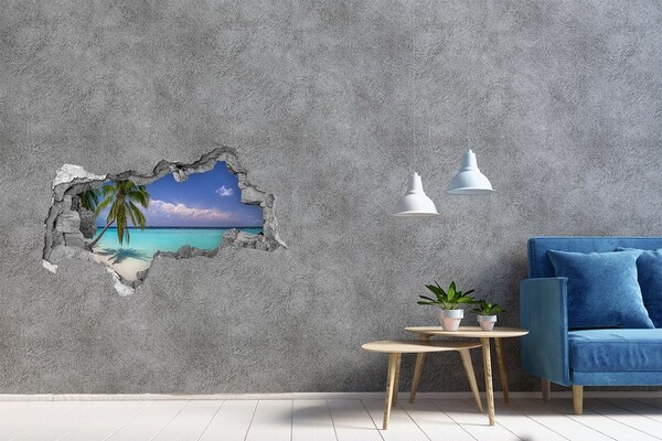 3D muursticker gescheurde muur Tropisch strand met palmbomen