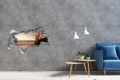 3D muursticker gescheurde muur Een baai met een vissersboot