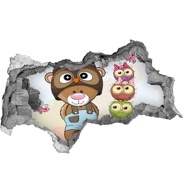 Wandsticker 3D doorkijk Schattige teddybeer met uilen