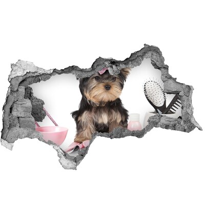 Wandsticker 3D doorkijk Een schattige Yorkshire Terrier met een roze strik.