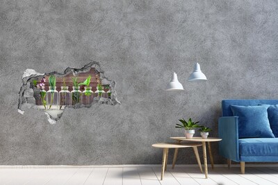 3D muursticker gescheurde muur Een groene oase in glazen potten.