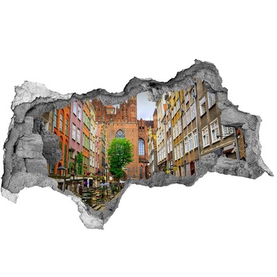 3D sticker gat in stenen muur Uitzicht op Gdańsk