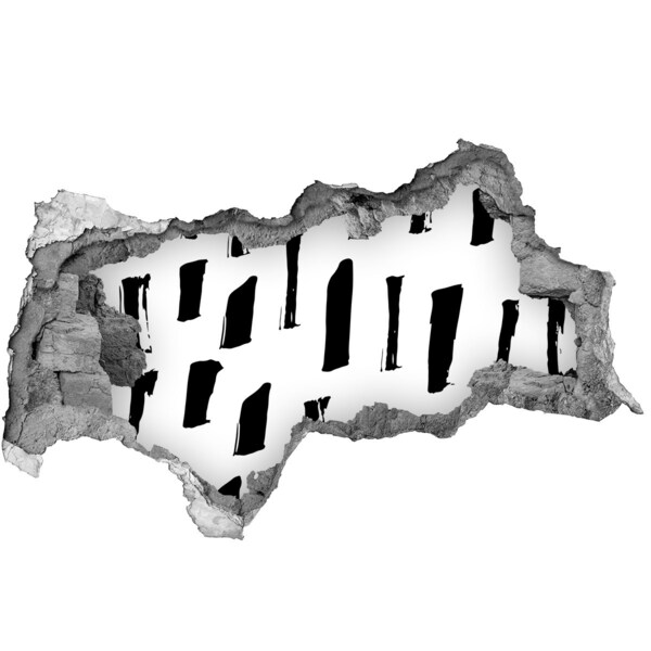Zelfklevende 3D wandsticker illusie Een verwoeste muur die uitkijkt over de stad.