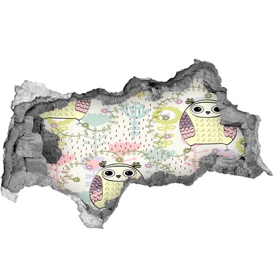 Zelfklevende 3D wandsticker illusie Gat in de muur met een uil en bloemen