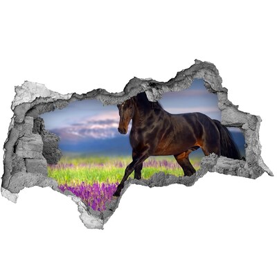 3D muursticker gescheurde muur Een paard tegen een bloemenveld.