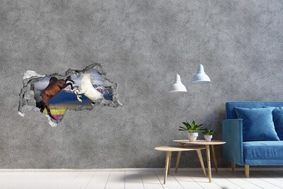 Wandsticker 3D doorkijk Paarden die over de muur springen