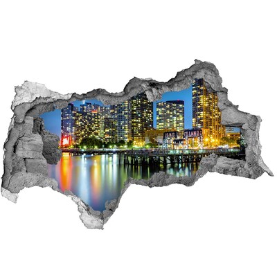 Zelfklevende 3D wandsticker illusie Uitzicht op de stad 's nachts